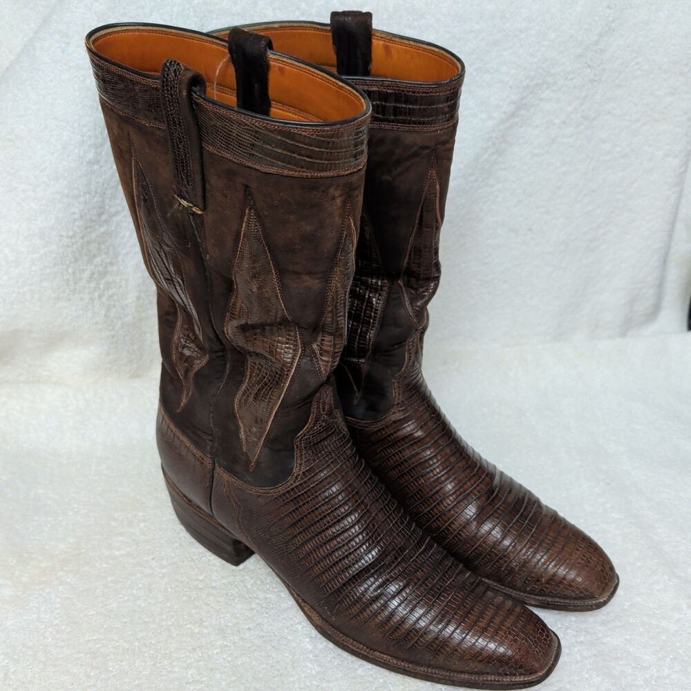 Vintage Lucchese San Antonio Cowboy Boots 13AA Brown Exotic Lizard Inlay 1328